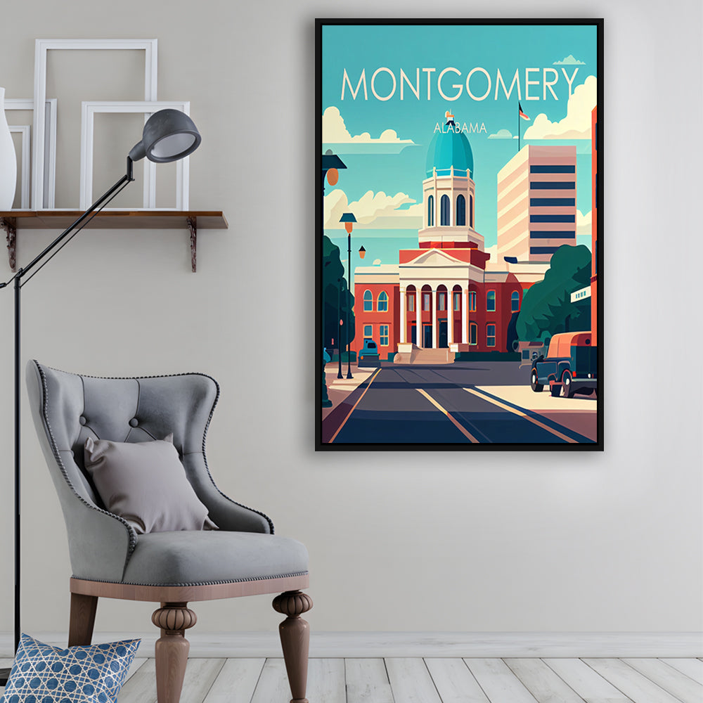 Montgomery Alabama Retro Art Print, Montgomery City Wall Art, Floating Framed Canvas Print, Framed Picture, Painting Canvas