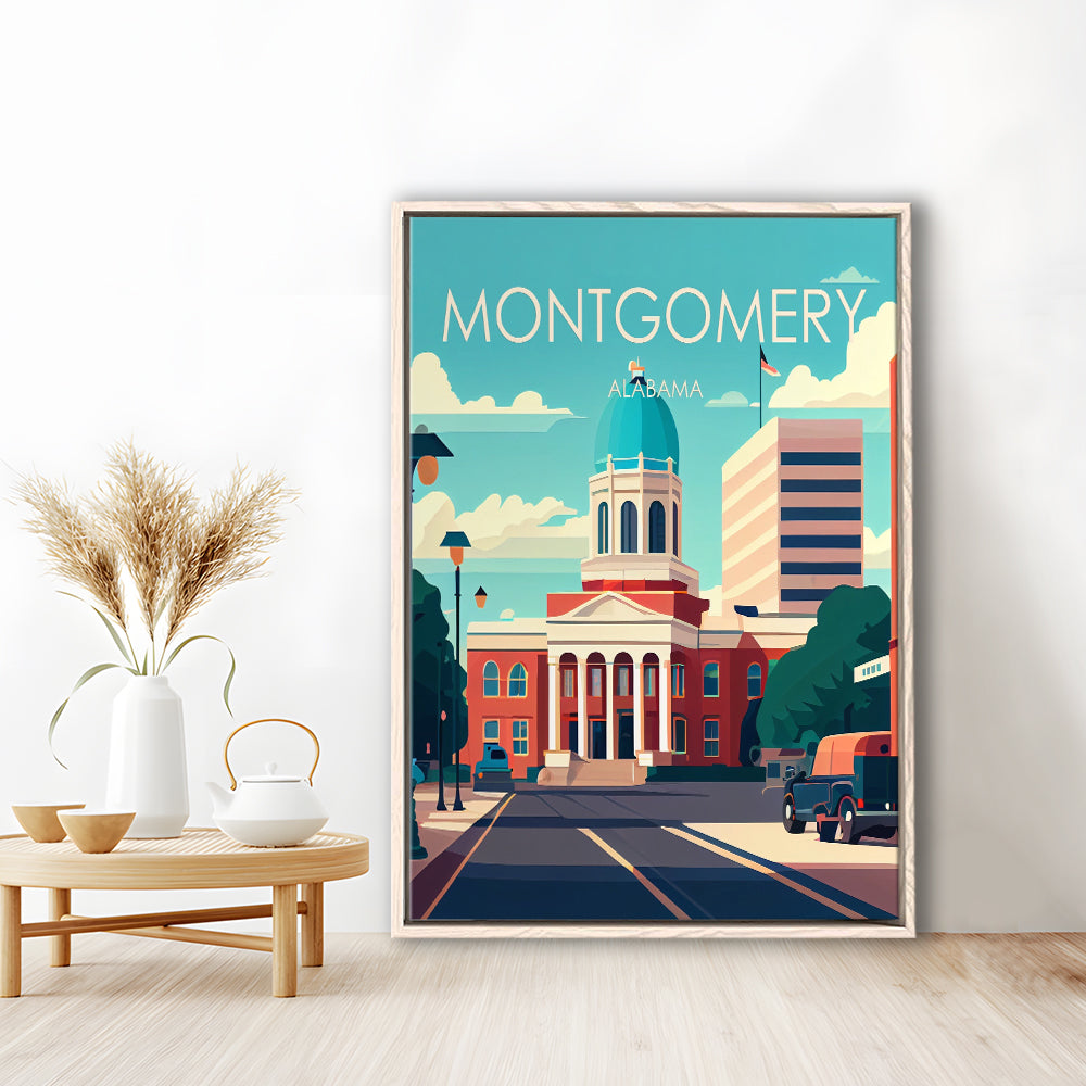 Montgomery Alabama Retro Art Print, Montgomery City Wall Art, Floating Framed Canvas Print, Framed Picture, Painting Canvas