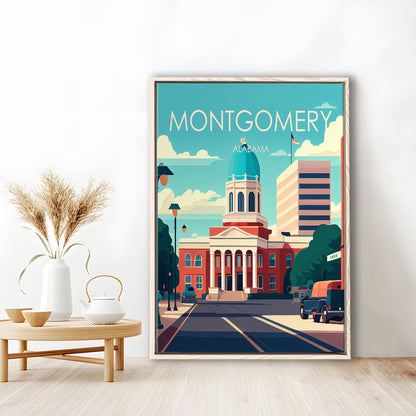 Montgomery Alabama Retro Art Print, Montgomery City Wall Art, Floating Framed Canvas Print, Framed Picture, Painting Canvas