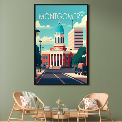Montgomery Alabama Retro Art Print, Montgomery City Wall Art, Floating Framed Canvas Print, Framed Picture, Painting Canvas