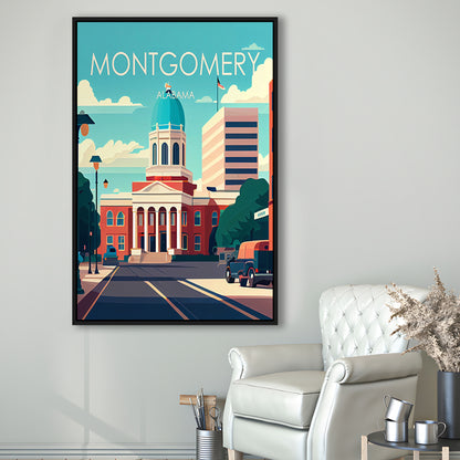 Montgomery Alabama Retro Art Print, Montgomery City Wall Art, Floating Framed Canvas Print, Framed Picture, Painting Canvas