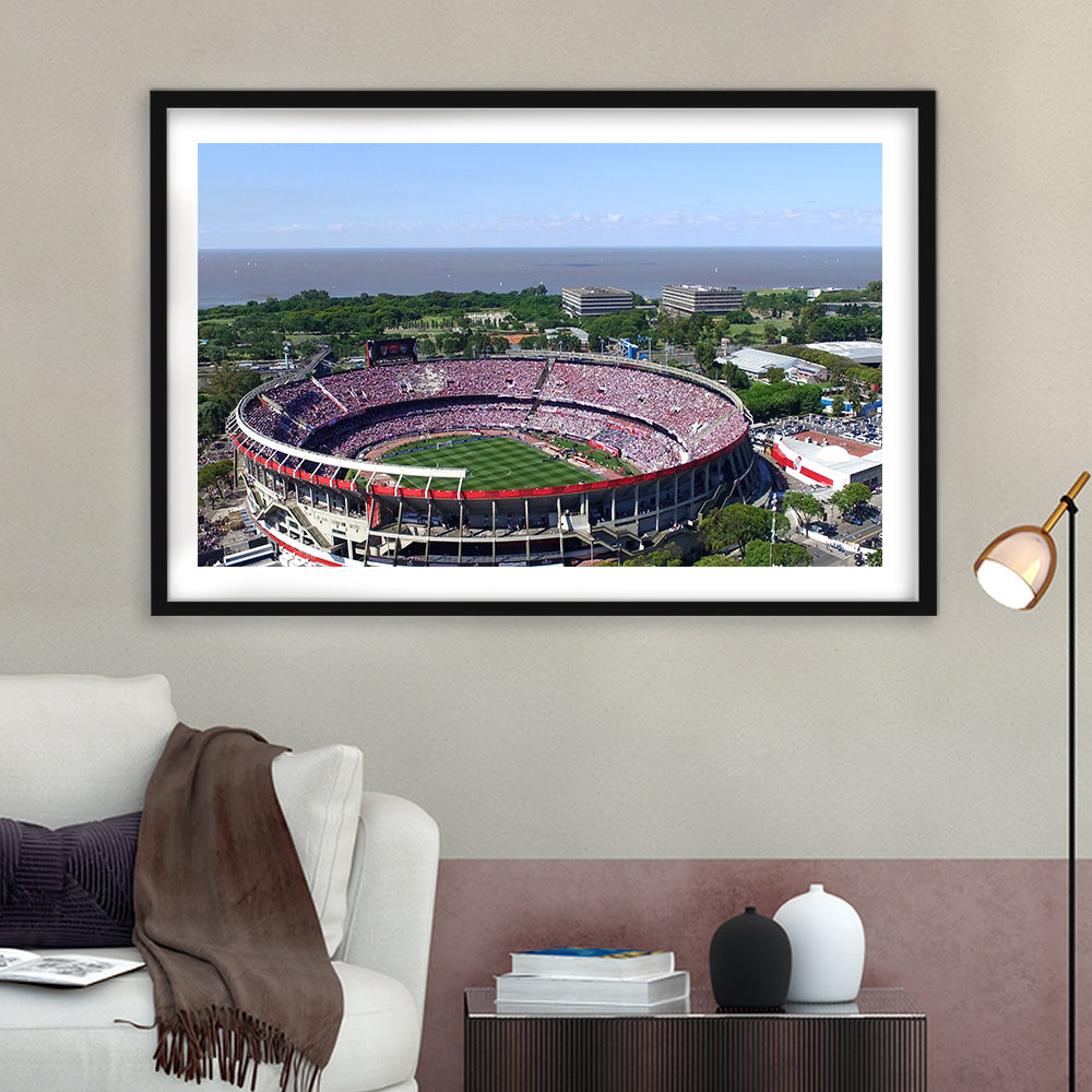 Monumental de Nunez Stadium, Stadium Canvas, Sport Art, Gift for him, White Border Framed Art Print Wall Decor