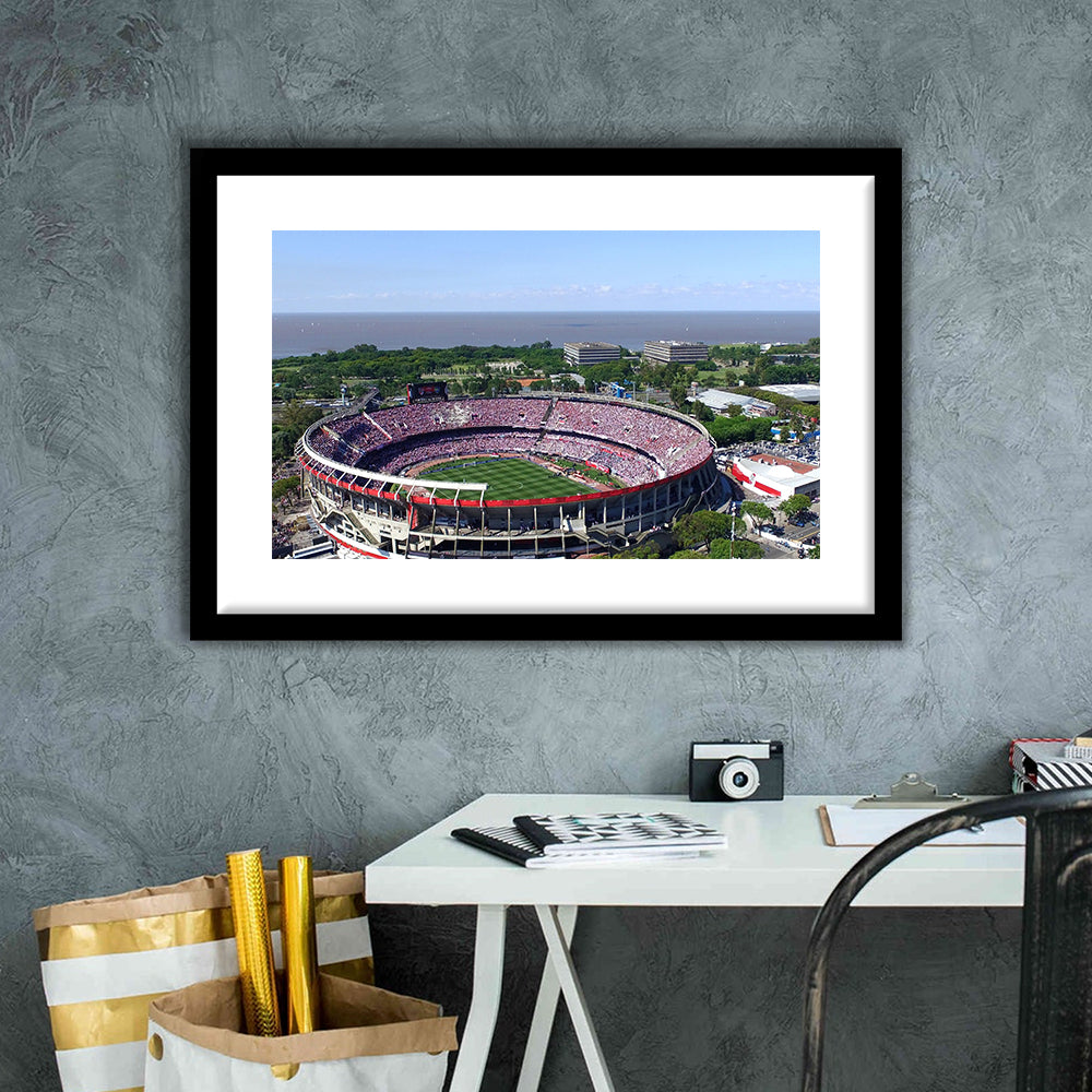 Monumental de Nunez Stadium, Stadium Canvas, Sport Art, Gift for him, White Border Framed Art Print Wall Decor