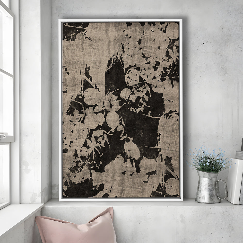 Moody Botanical Textile Framed Canvas Print Wall Art, Neutral Abstract Floral Pattern Minimalist Large-Scale