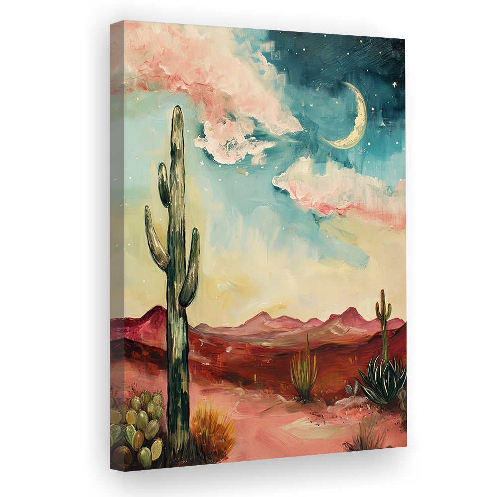 Moody Desert Art Print Painting Cactus Moon Vintage Desert Western, Canvas Print Wall Art, Wall Decor, Painting Canvas