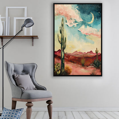 Moody Desert Art Print Painting Cactus Moon Vintage Desert Western, Framed Canvas Print Wall Art, Floating Frame