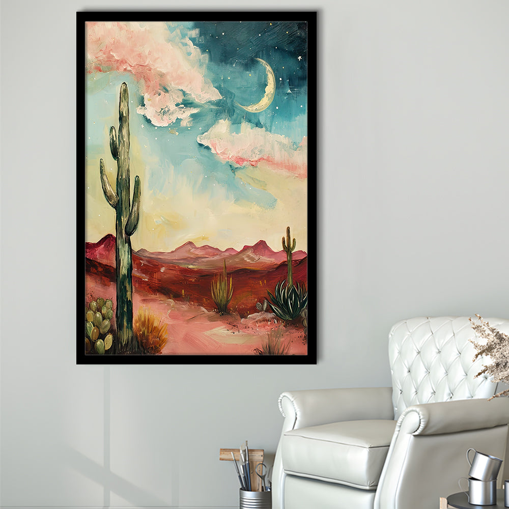 Moody Desert Art Print Painting Cactus Moon Vintage Desert Western, Framed Art Print Wall Decor, Picture Framed