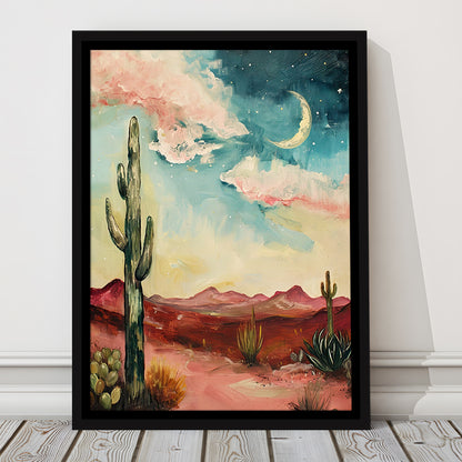 Moody Desert Art Print Painting Cactus Moon Vintage Desert Western, Framed Canvas Print Wall Art, Floating Frame
