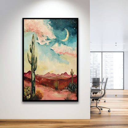 Moody Desert Art Print Painting Cactus Moon Vintage Desert Western, Framed Art Print Wall Decor, Picture Framed