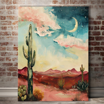 Moody Desert Art Print Painting Cactus Moon Vintage Desert Western, Canvas Print Wall Art, Wall Decor, Painting Canvas