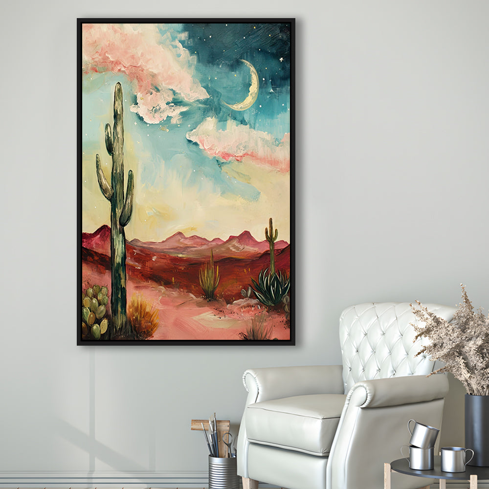 Moody Desert Art Print Painting Cactus Moon Vintage Desert Western, Framed Canvas Print Wall Art, Floating Frame