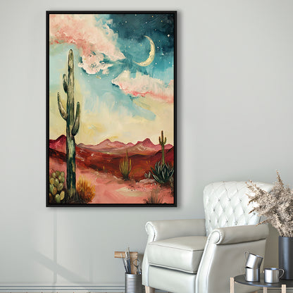 Moody Desert Art Print Painting Cactus Moon Vintage Desert Western, Framed Canvas Print Wall Art, Floating Frame