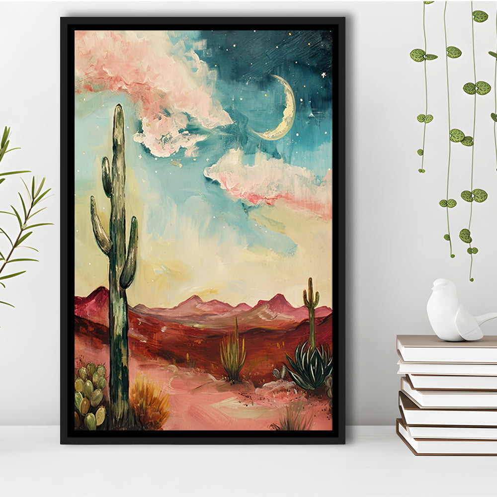 Moody Desert Art Print Painting Cactus Moon Vintage Desert Western, Framed Canvas Print Wall Art, Floating Frame