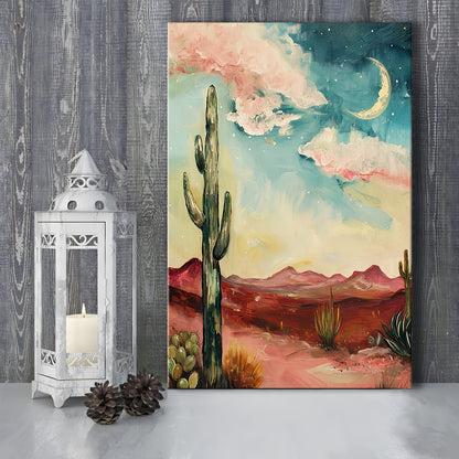Moody Desert Art Print Painting Cactus Moon Vintage Desert Western, Canvas Print Wall Art, Wall Decor, Painting Canvas