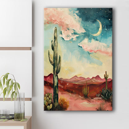 Moody Desert Art Print Painting Cactus Moon Vintage Desert Western, Canvas Print Wall Art, Wall Decor, Painting Canvas