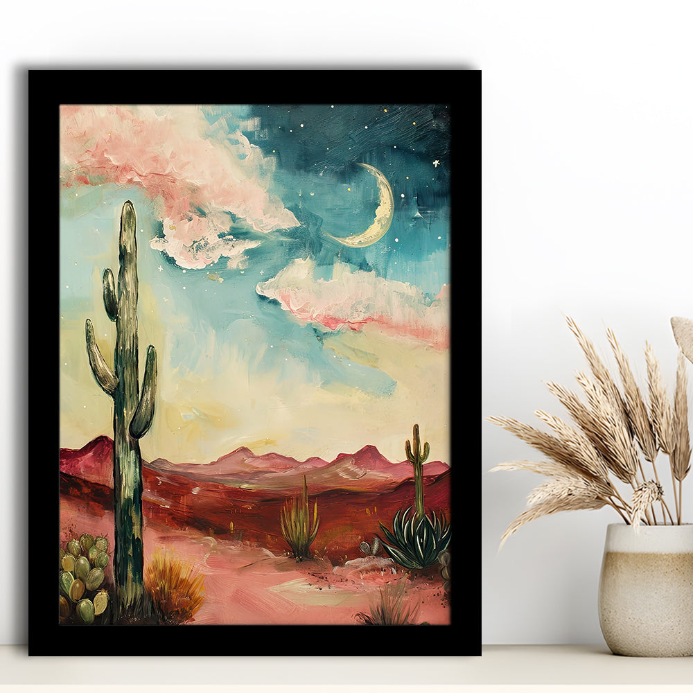 Moody Desert Art Print Painting Cactus Moon Vintage Desert Western, Framed Art Print Wall Decor, Picture Framed