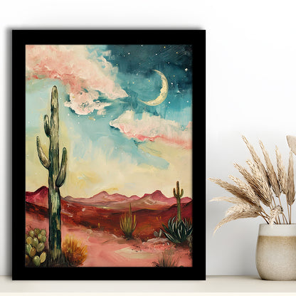 Moody Desert Art Print Painting Cactus Moon Vintage Desert Western, Framed Art Print Wall Decor, Picture Framed