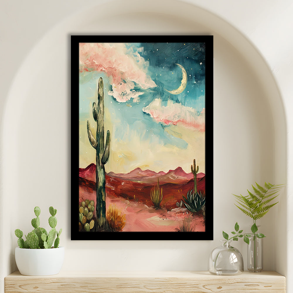 Moody Desert Art Print Painting Cactus Moon Vintage Desert Western, Framed Art Print Wall Decor, Picture Framed