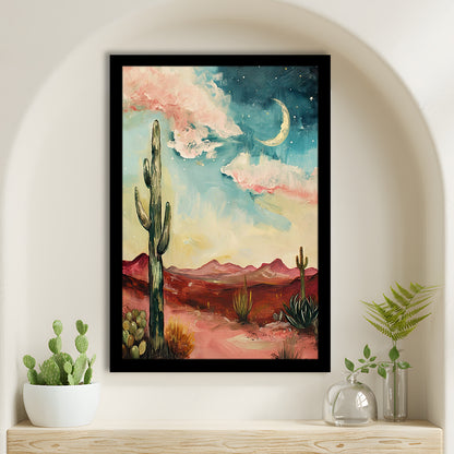 Moody Desert Art Print Painting Cactus Moon Vintage Desert Western, Framed Art Print Wall Decor, Picture Framed