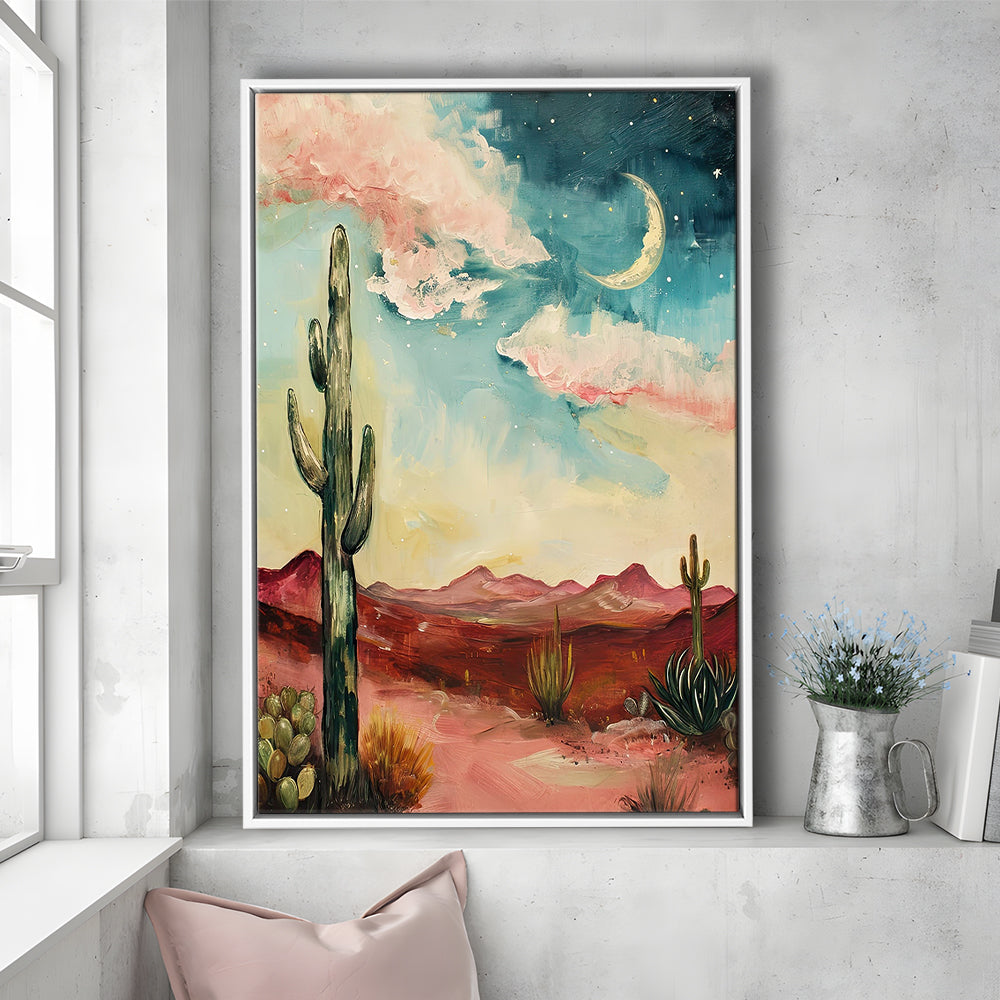 Moody Desert Art Print Painting Cactus Moon Vintage Desert Western, Framed Canvas Print Wall Art, Floating Frame