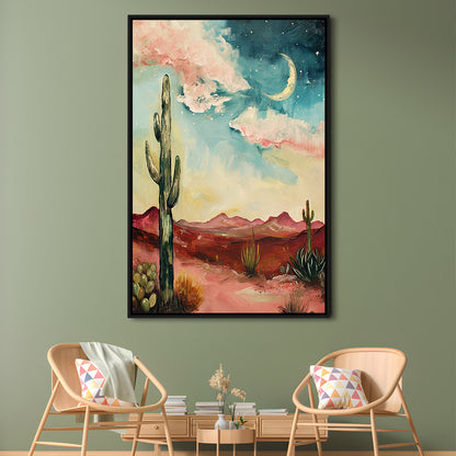 Moody Desert Art Print Painting Cactus Moon Vintage Desert Western, Framed Canvas Print Wall Art, Floating Frame