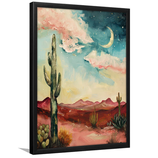 Moody Desert Art Print Painting Cactus Moon Vintage Desert Western, Framed Art Print Wall Decor, Picture Framed