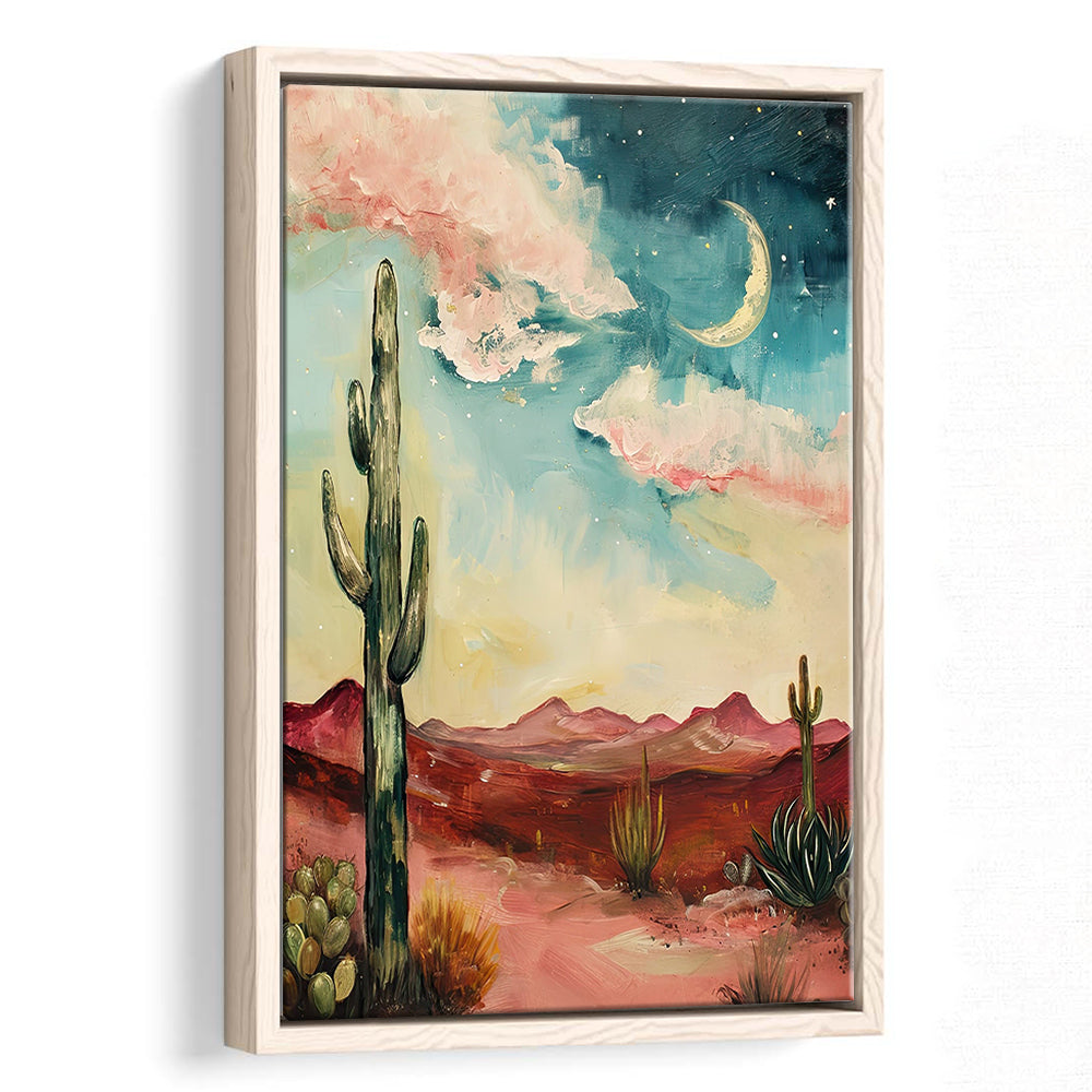 Moody Desert Art Print Painting Cactus Moon Vintage Desert Western, Framed Canvas Print Wall Art, Floating Frame