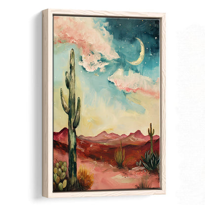 Moody Desert Art Print Painting Cactus Moon Vintage Desert Western, Framed Canvas Print Wall Art, Floating Frame