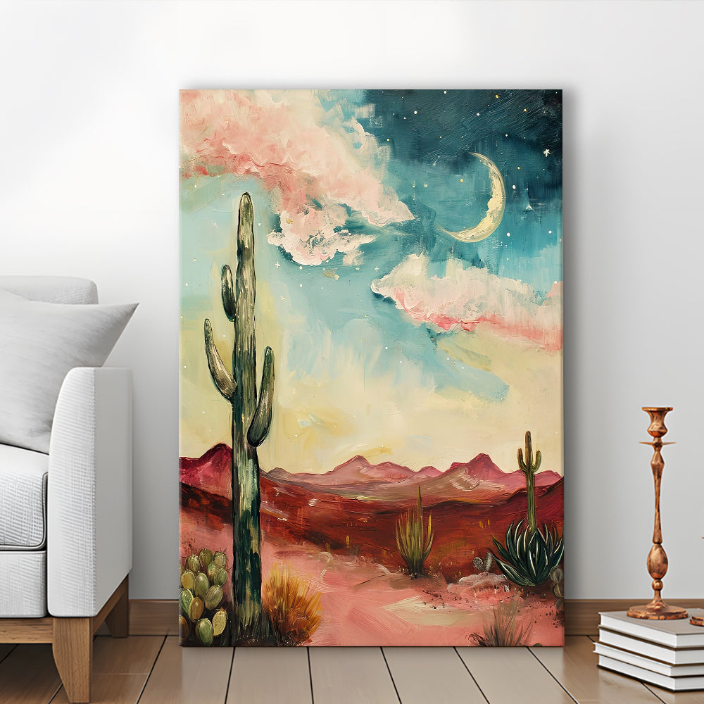 Moody Desert Art Print Painting Cactus Moon Vintage Desert Western, Canvas Print Wall Art, Wall Decor, Painting Canvas