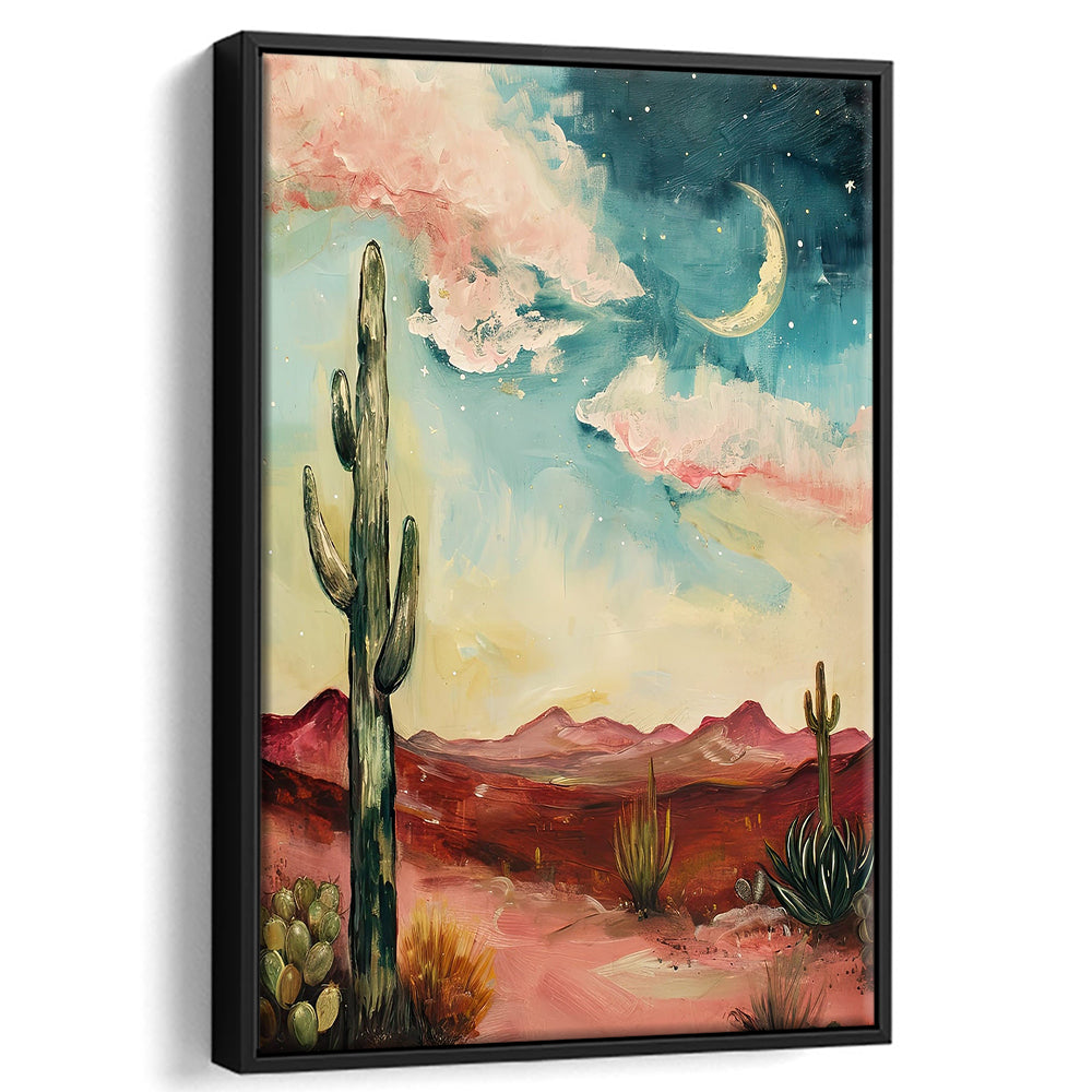 Moody Desert Art Print Painting Cactus Moon Vintage Desert Western, Framed Canvas Print Wall Art, Floating Frame