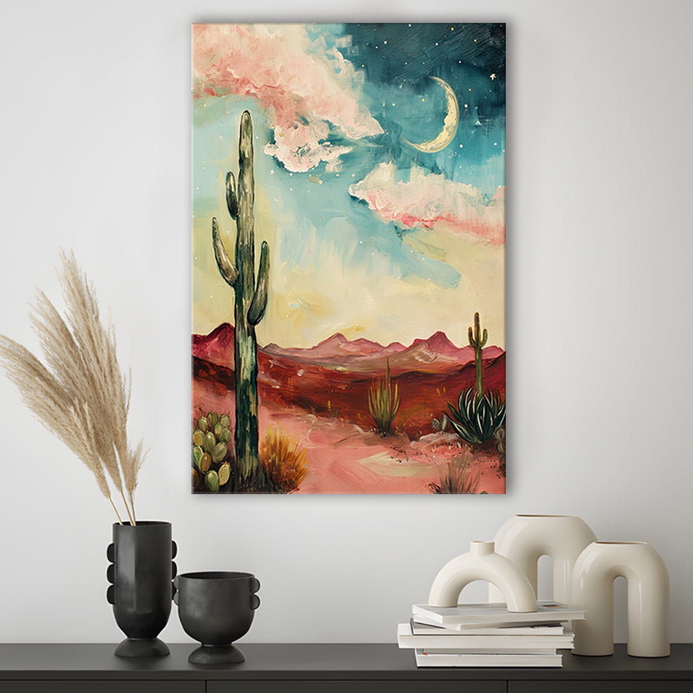 Moody Desert Art Print Painting Cactus Moon Vintage Desert Western, Canvas Print Wall Art, Wall Decor, Painting Canvas
