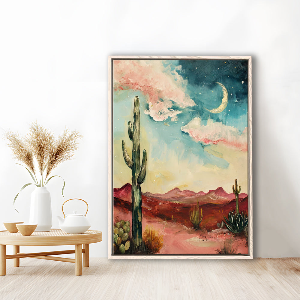 Moody Desert Art Print Painting Cactus Moon Vintage Desert Western, Framed Canvas Print Wall Art, Floating Frame