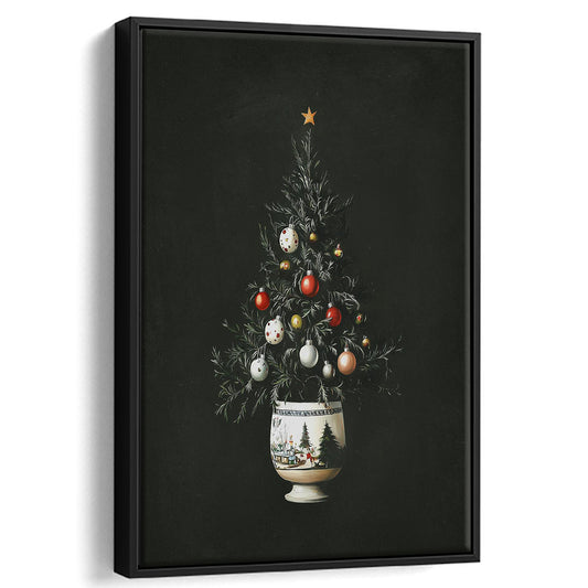 Moody Neutral Cottage Core Christmas Tree Framed Canvas Print Wall Art, Holiday Decor Print Rustic Winter Tree Print