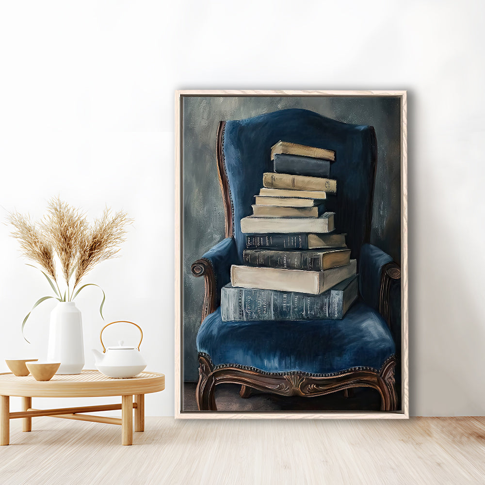 Moody Vintage Books Oil Painting Vintage Antique, Framed Canvas Print Wall Art, Floating Frame