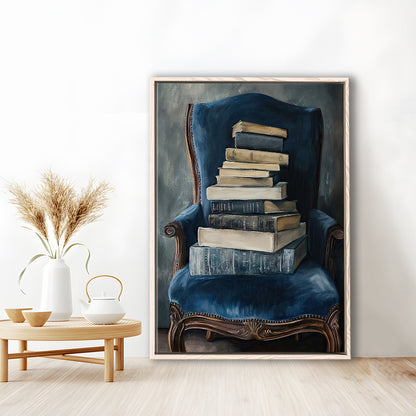 Moody Vintage Books Oil Painting Vintage Antique, Framed Canvas Print Wall Art, Floating Frame