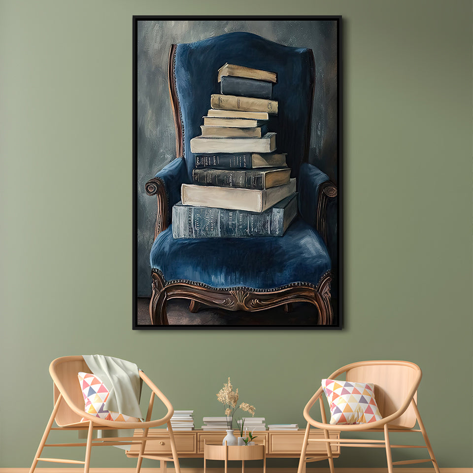 Moody Vintage Books Oil Painting Vintage Antique, Framed Canvas Print Wall Art, Floating Frame