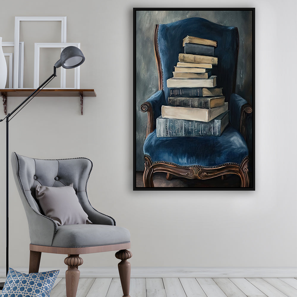 Moody Vintage Books Oil Painting Vintage Antique, Framed Canvas Print Wall Art, Floating Frame