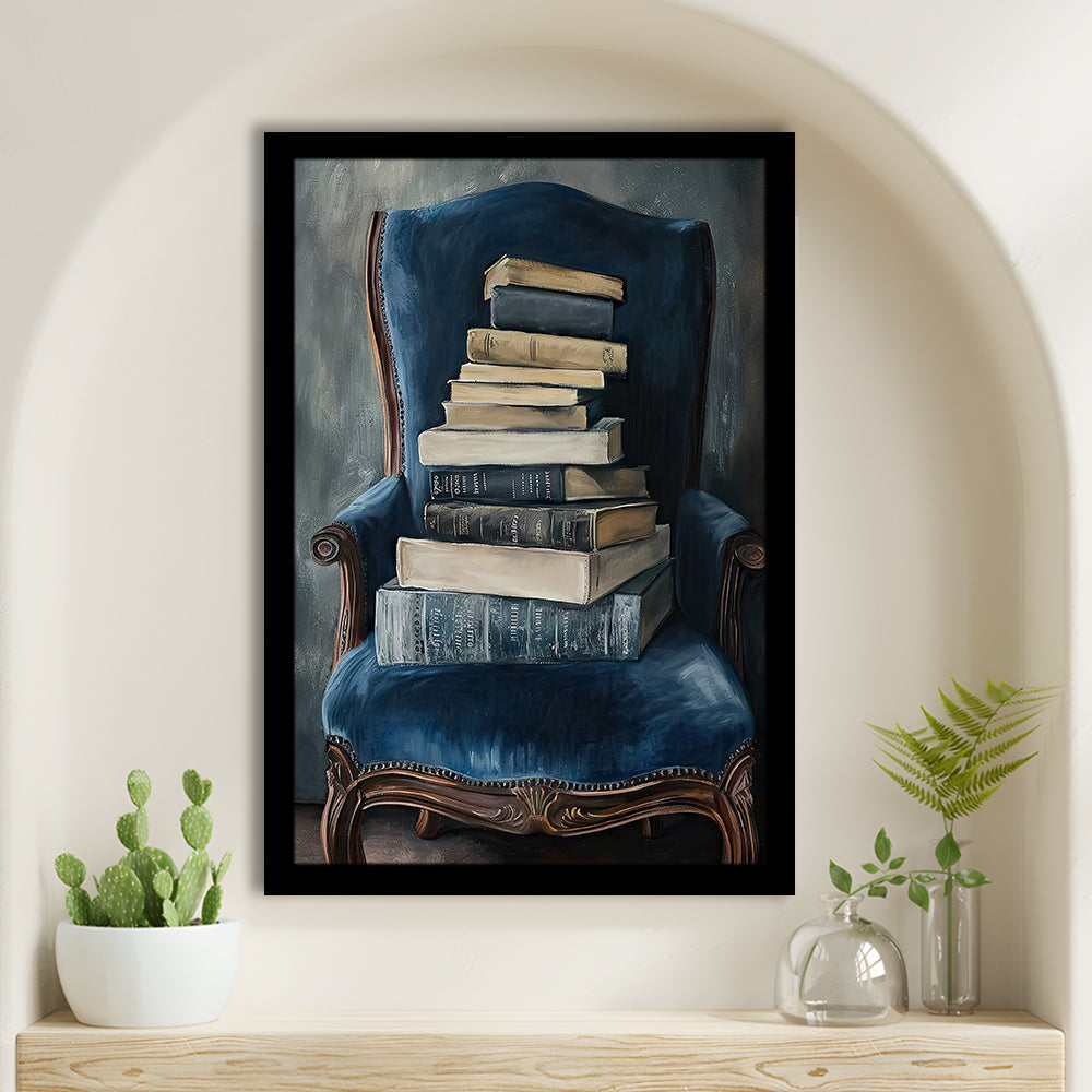 Moody Vintage Books Oil Painting Vintage Antique, Framed Art Print Wall Decor, Picture Framed