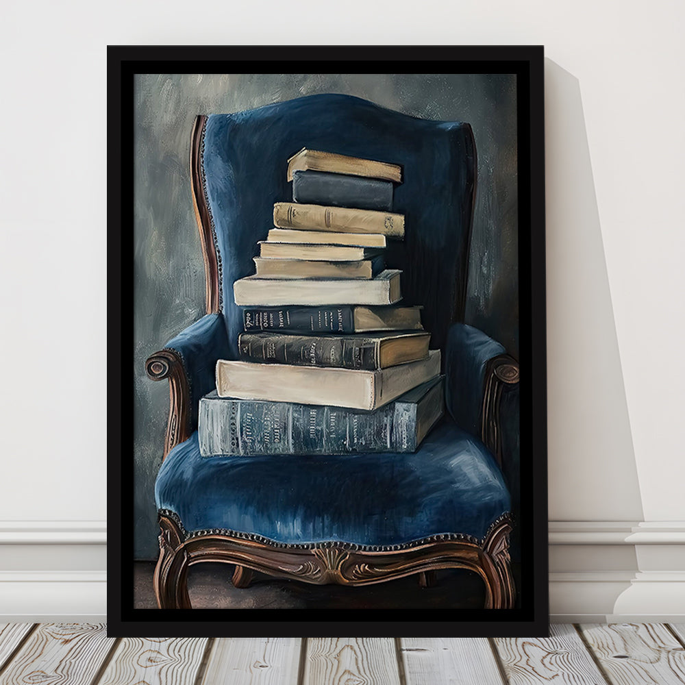 Moody Vintage Books Oil Painting Vintage Antique, Framed Canvas Print Wall Art, Floating Frame