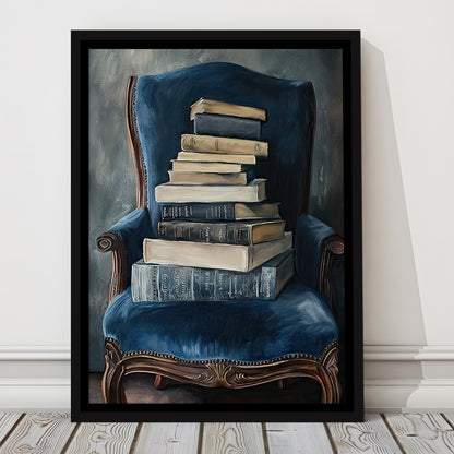 Moody Vintage Books Oil Painting Vintage Antique, Framed Canvas Print Wall Art, Floating Frame