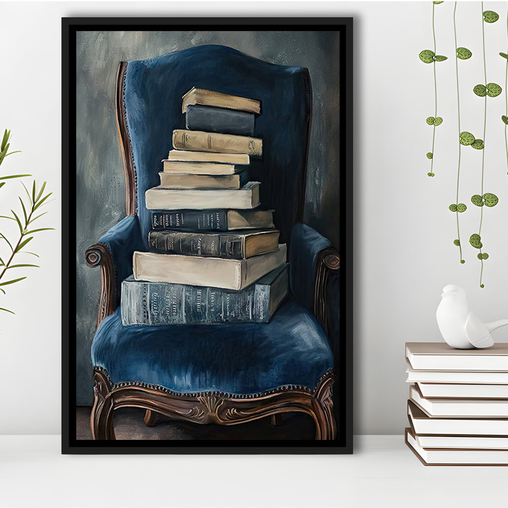 Moody Vintage Books Oil Painting Vintage Antique, Framed Canvas Print Wall Art, Floating Frame