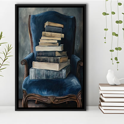 Moody Vintage Books Oil Painting Vintage Antique, Framed Canvas Print Wall Art, Floating Frame