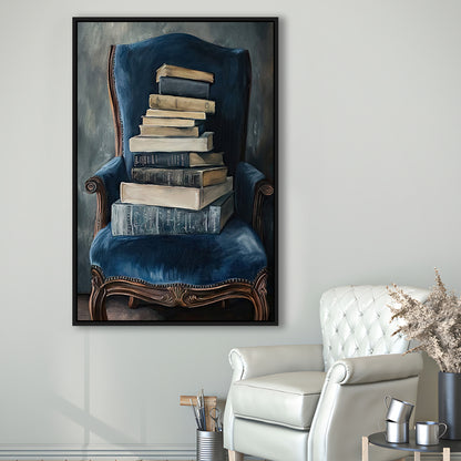 Moody Vintage Books Oil Painting Vintage Antique, Framed Canvas Print Wall Art, Floating Frame