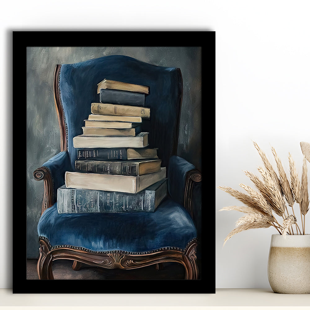 Moody Vintage Books Oil Painting Vintage Antique, Framed Art Print Wall Decor, Picture Framed