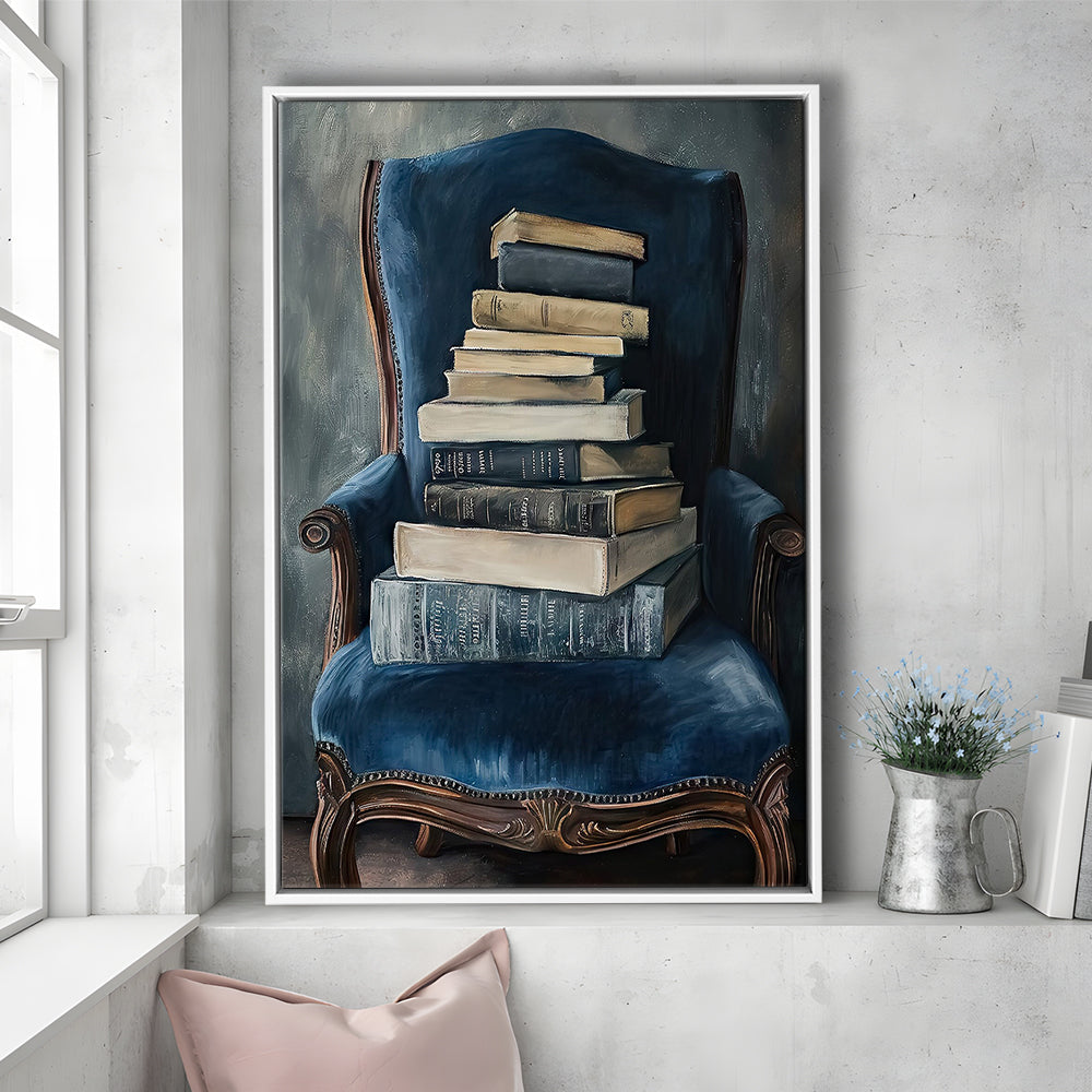Moody Vintage Books Oil Painting Vintage Antique, Framed Canvas Print Wall Art, Floating Frame