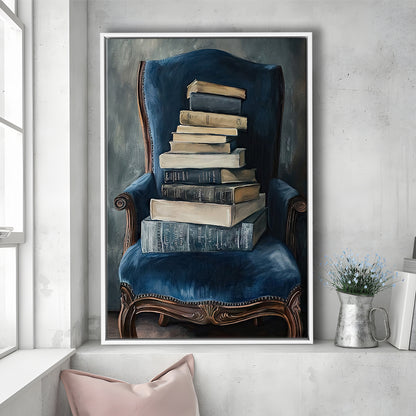 Moody Vintage Books Oil Painting Vintage Antique, Framed Canvas Print Wall Art, Floating Frame