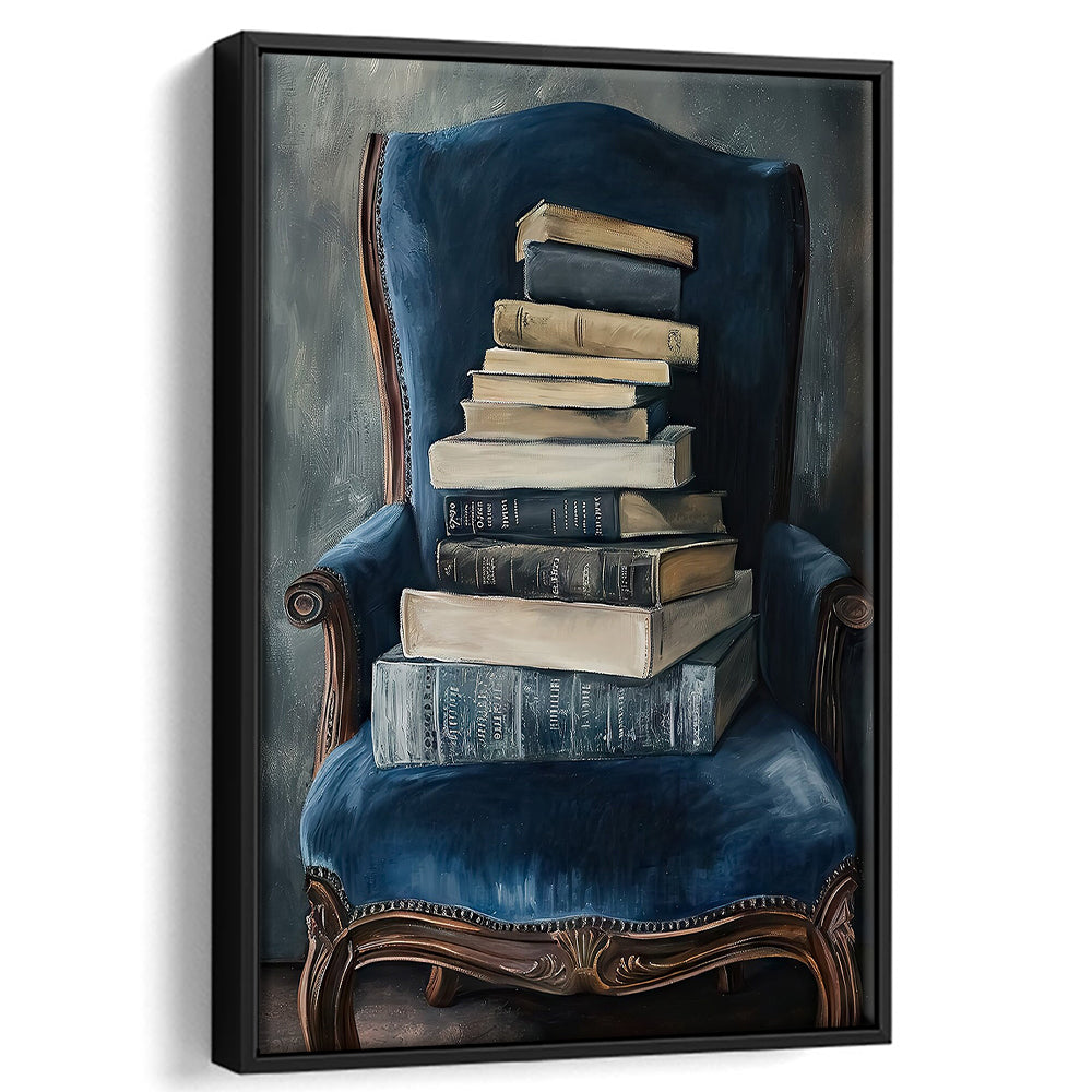Moody Vintage Books Oil Painting Vintage Antique, Framed Canvas Print Wall Art, Floating Frame