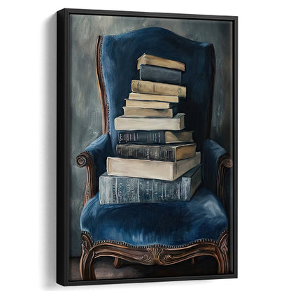 Moody Vintage Books Oil Painting Vintage Antique, Framed Canvas Print Wall Art, Floating Frame