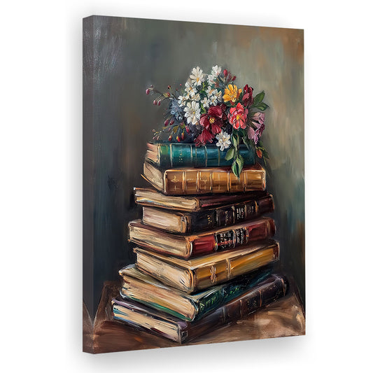Moody Vintage Books Oil Painting Vintage Print Cottagecore Flowers, Canvas Print Wall Art, Wall Decor, Painting Canvas