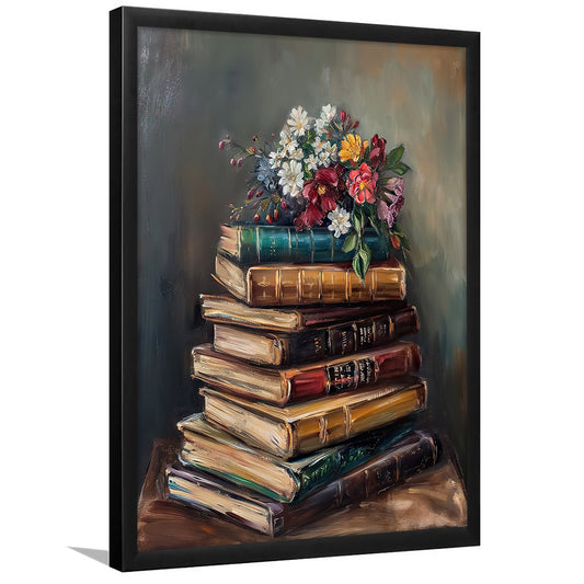 Moody Vintage Books Oil Painting Vintage Print Cottagecore Flowers, Framed Art Print Wall Decor, Picture Framed